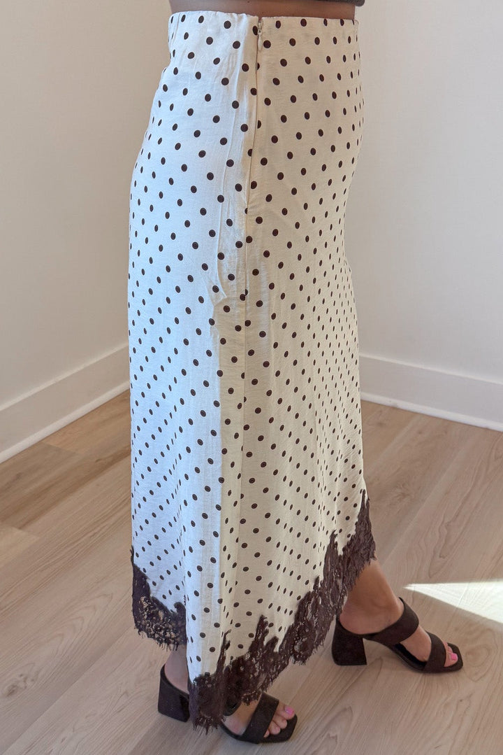 ecru with brown polka dot print and lace trimmed hem lightweight midi skirt with side zipper closure