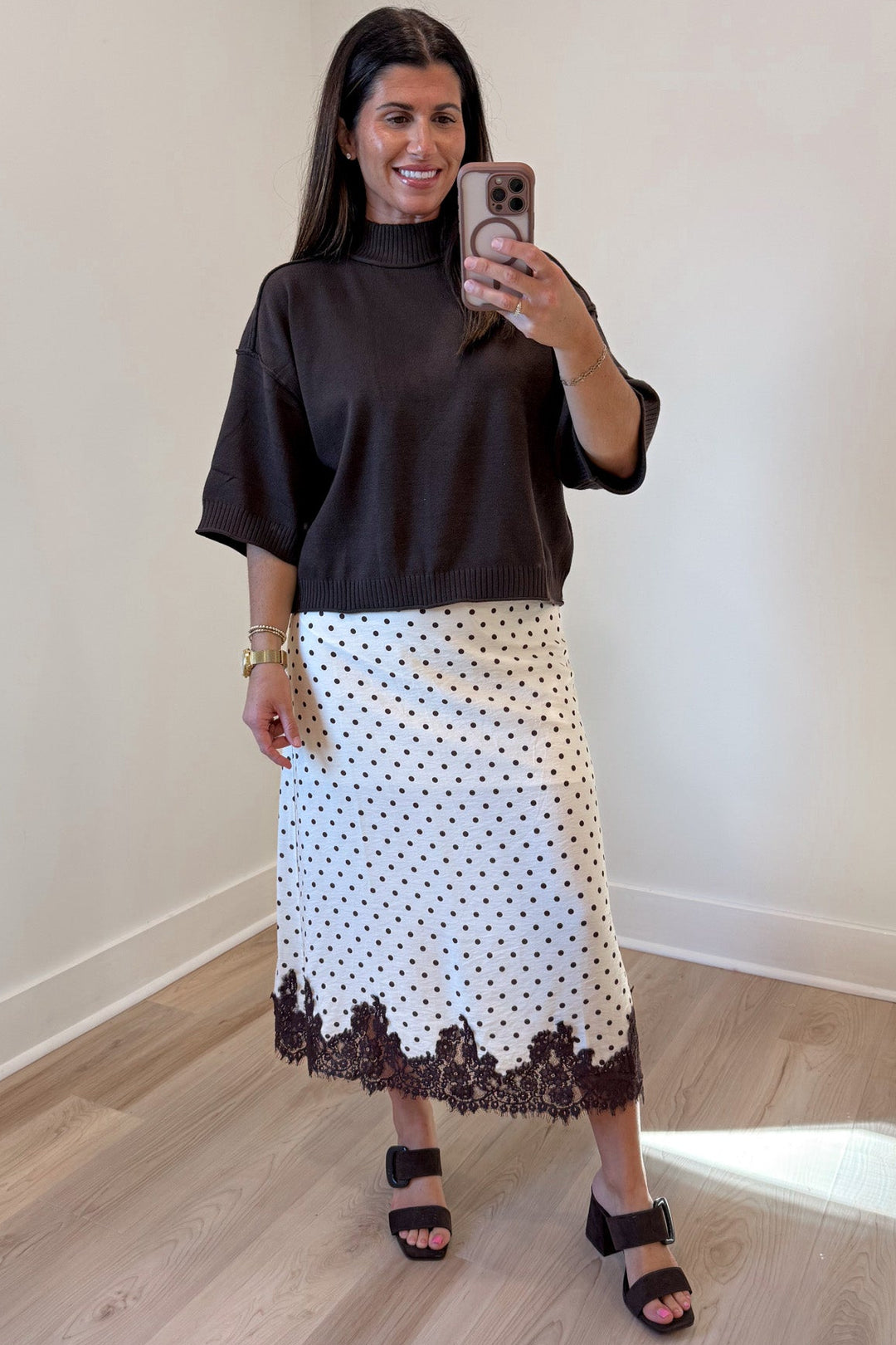 ecru with brown polka dot print and lace trimmed hem lightweight midi skirt 