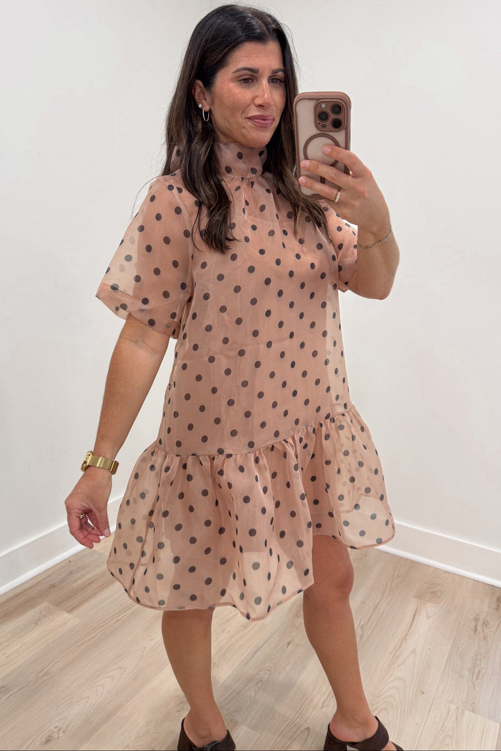 ecru with brown polka dot print short sleeve mock neck ruffle hem lightweight fabric mini dress