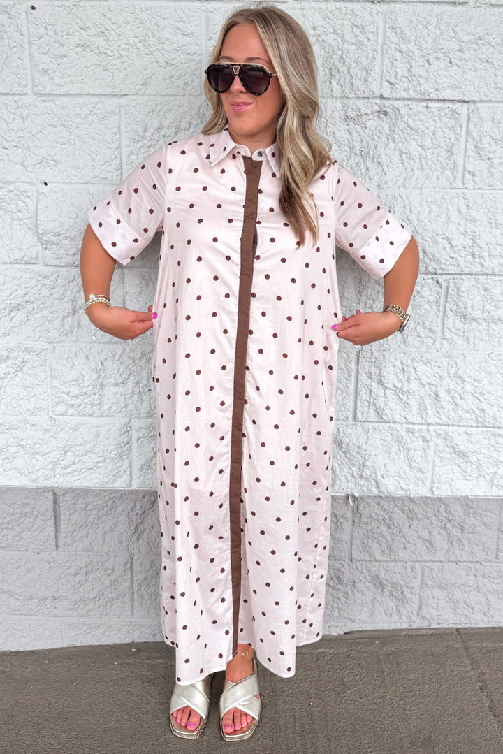ecru with brown polka dot print button front short sleeve relaxed silhouette poplin midi dress