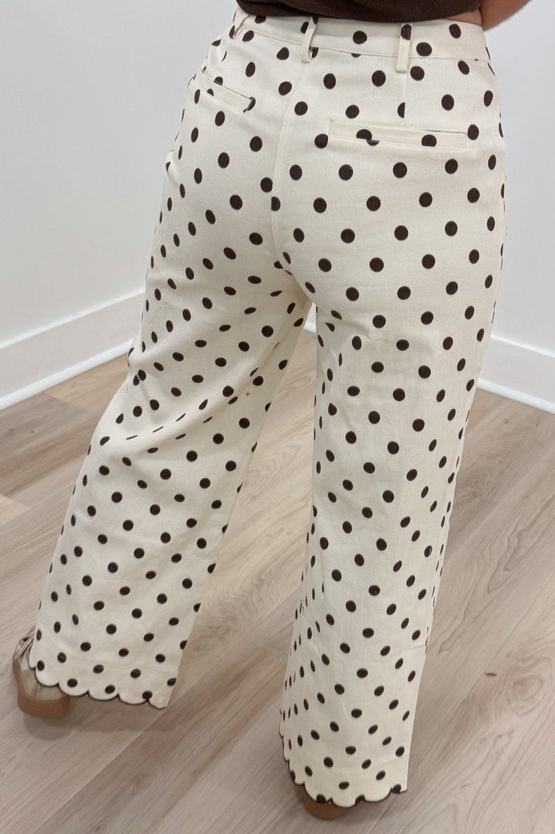 ecru with brown polka dot print high waisted wide leg twill denim pants with faux back pockets