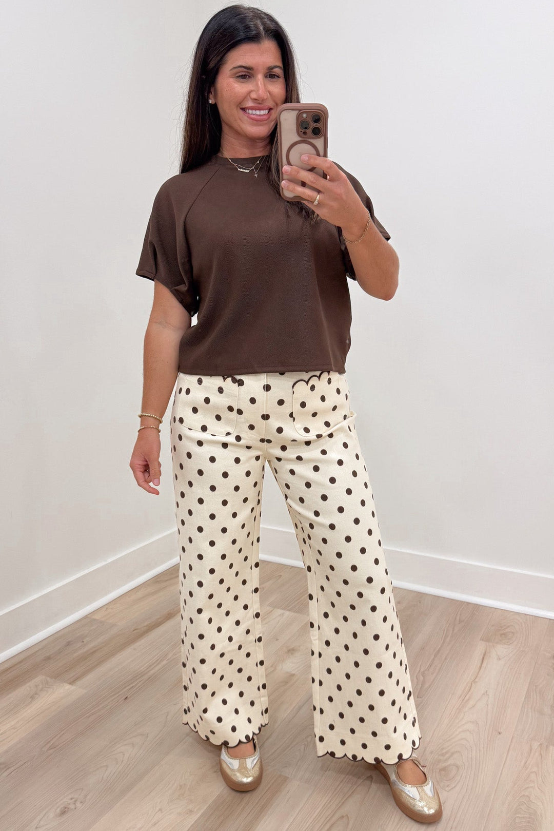 ecru with brown polka dot print high waisted wide leg twill denim pants
