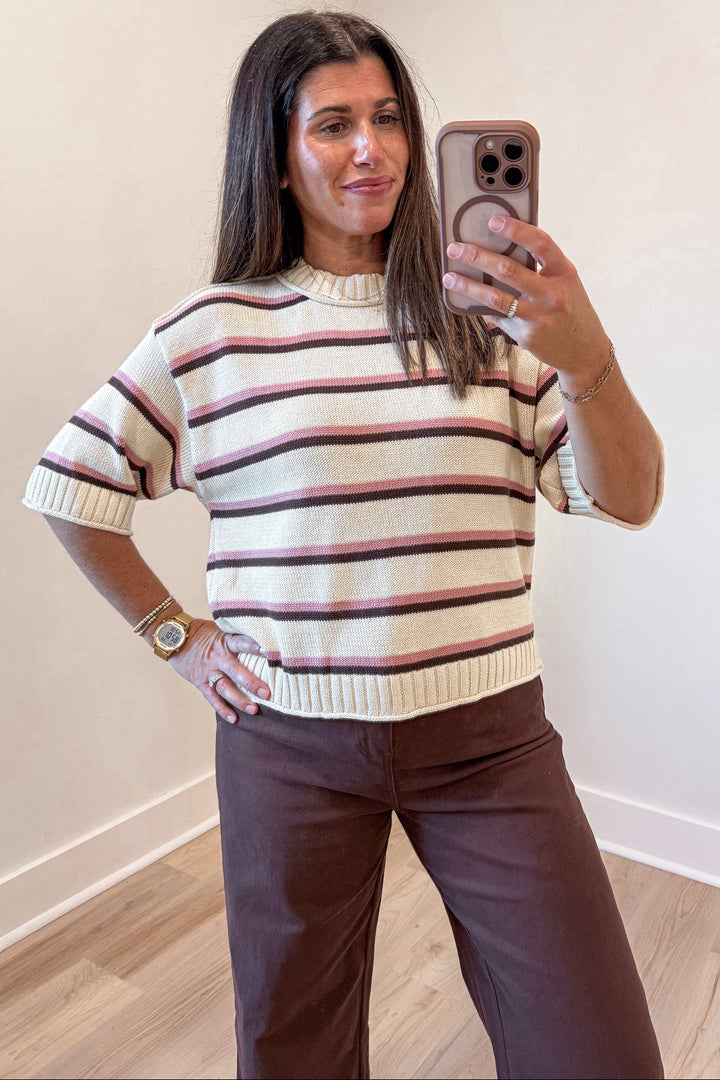 ecru with brown and pink stripes half-length sleeve round neckline lightweight knit top