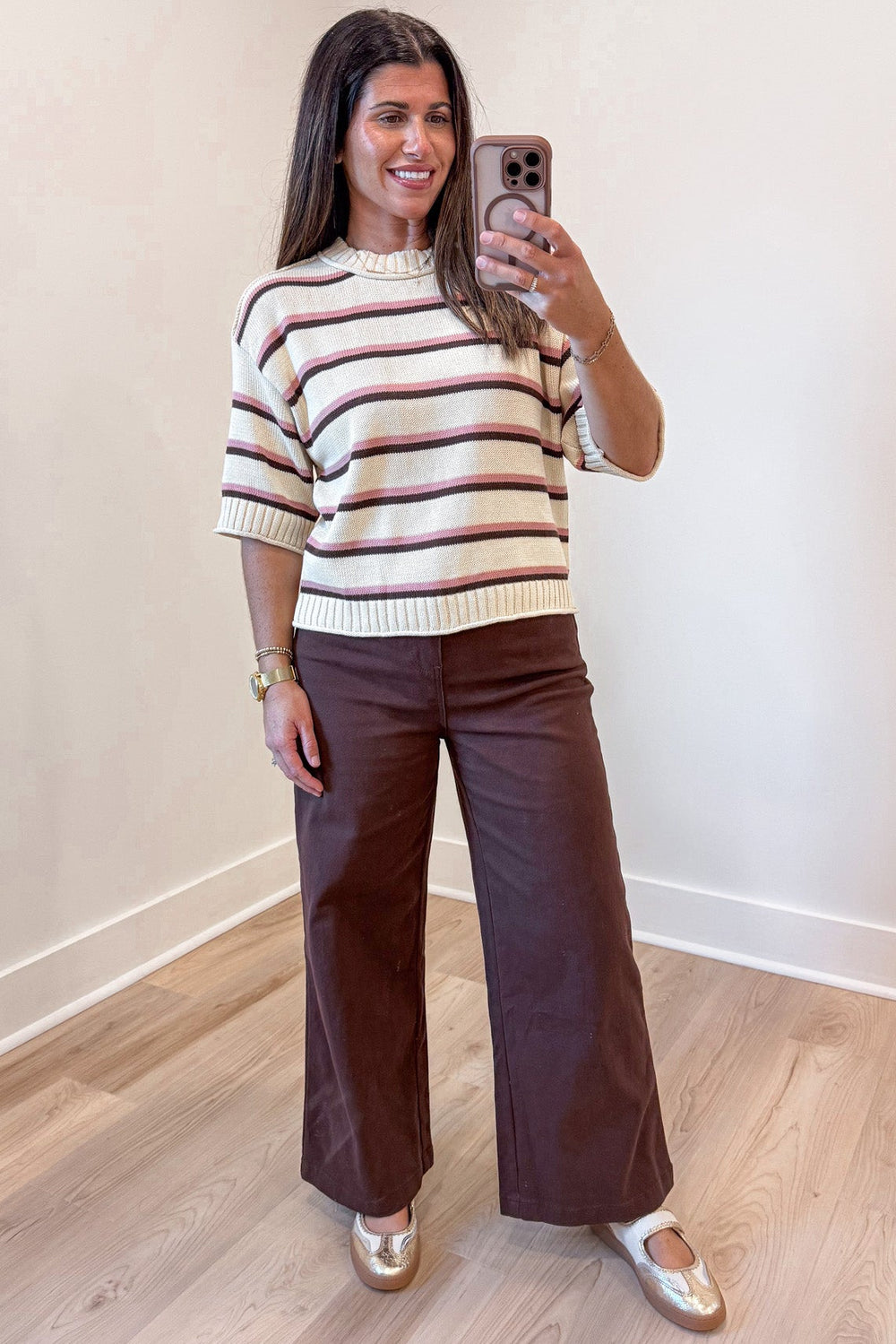 ecru with brown and pink stripes half-length sleeve lightweight knit top with reverse seam details