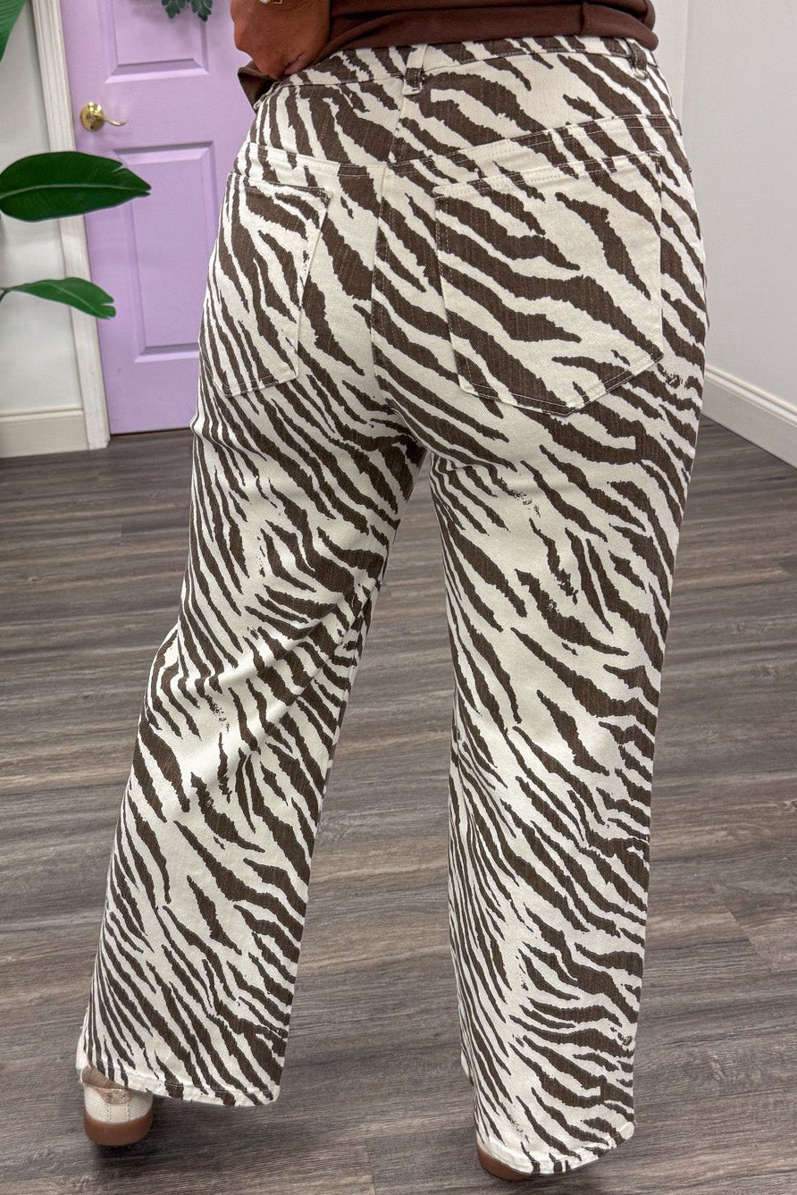 ecru and brown zebra print wide leg lightweight twill denim pants with back pockets