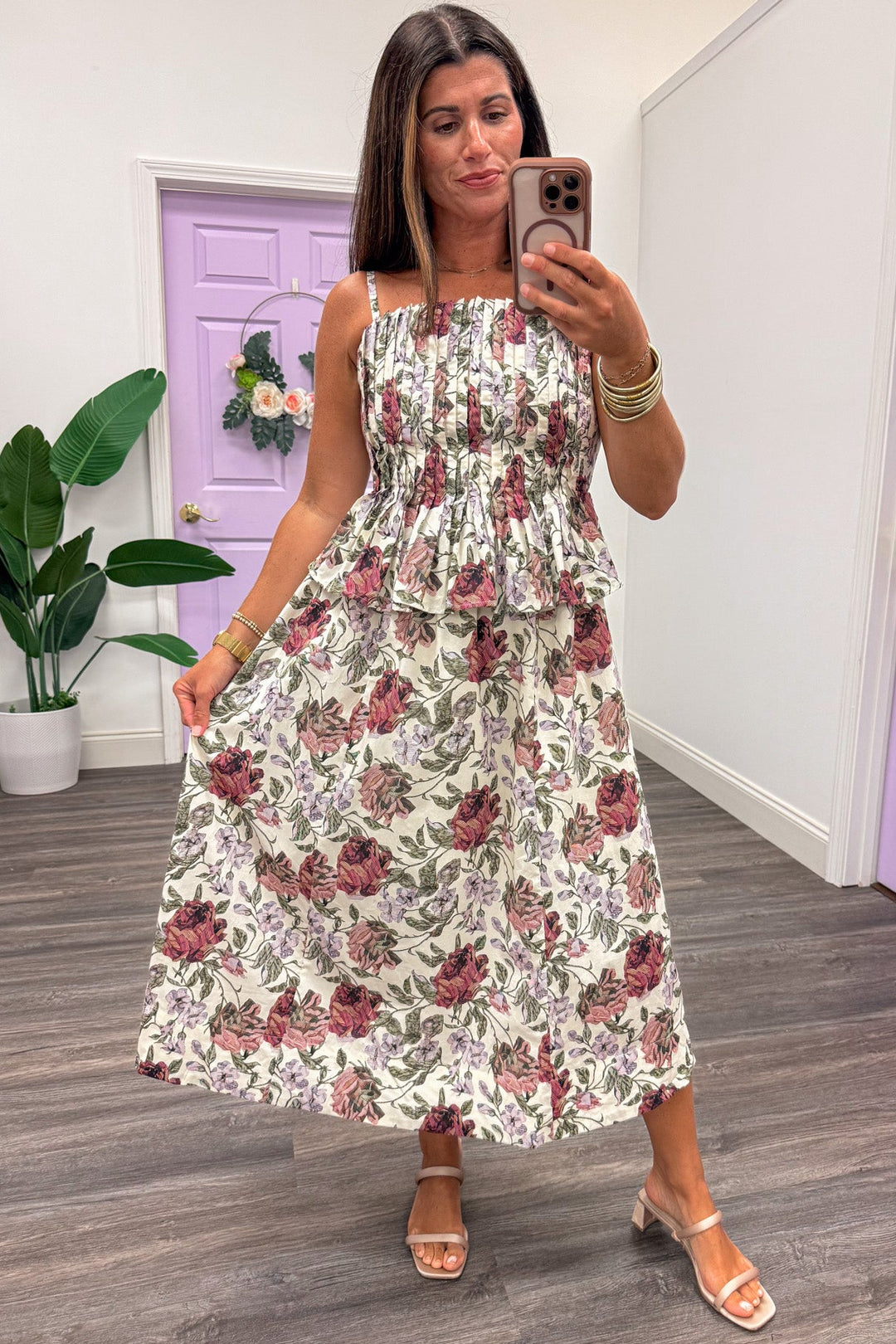 ecru with burgundy and green floral print sleeveless peplum style midi dress with flowy skirt