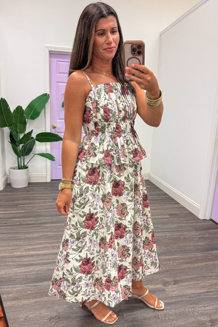 ecru with burgundy and green floral print sleeveless fitted peplum style bodice midi dress