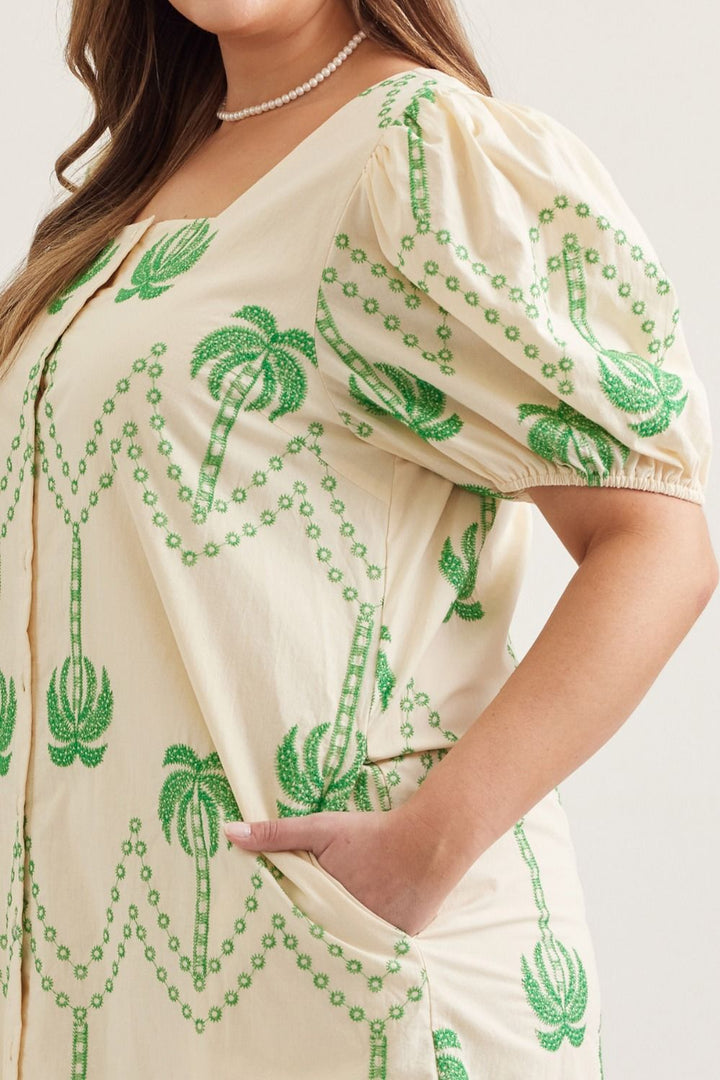 Entro plus size ecru button front dress with green embroidery palm trees with puff sleeves