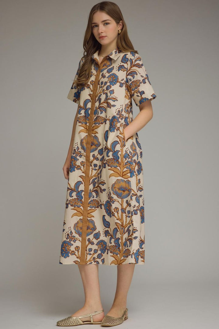 Entro ecru, blue and tan floral print button front poplin midi dress with tan trim