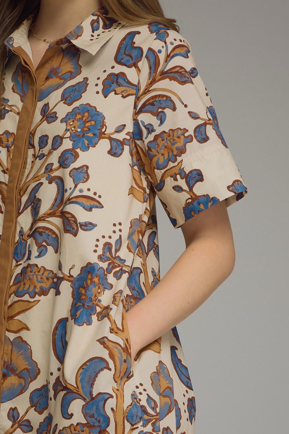 Entro ecru, blue and tan floral print button front poplin midi dress with short sleeves