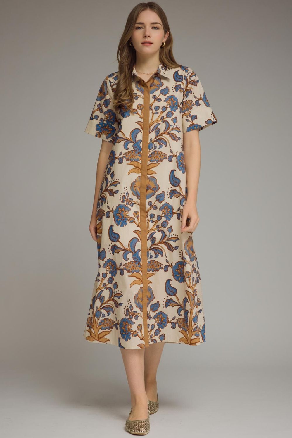 Entro ecru, blue and tan floral print button front poplin midi dress