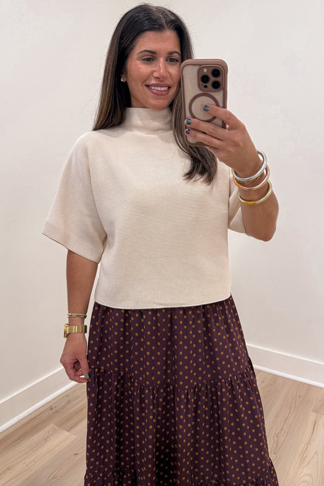 solid ecru mock neckline short dolman sleeve semi-cropped ribbed knit top