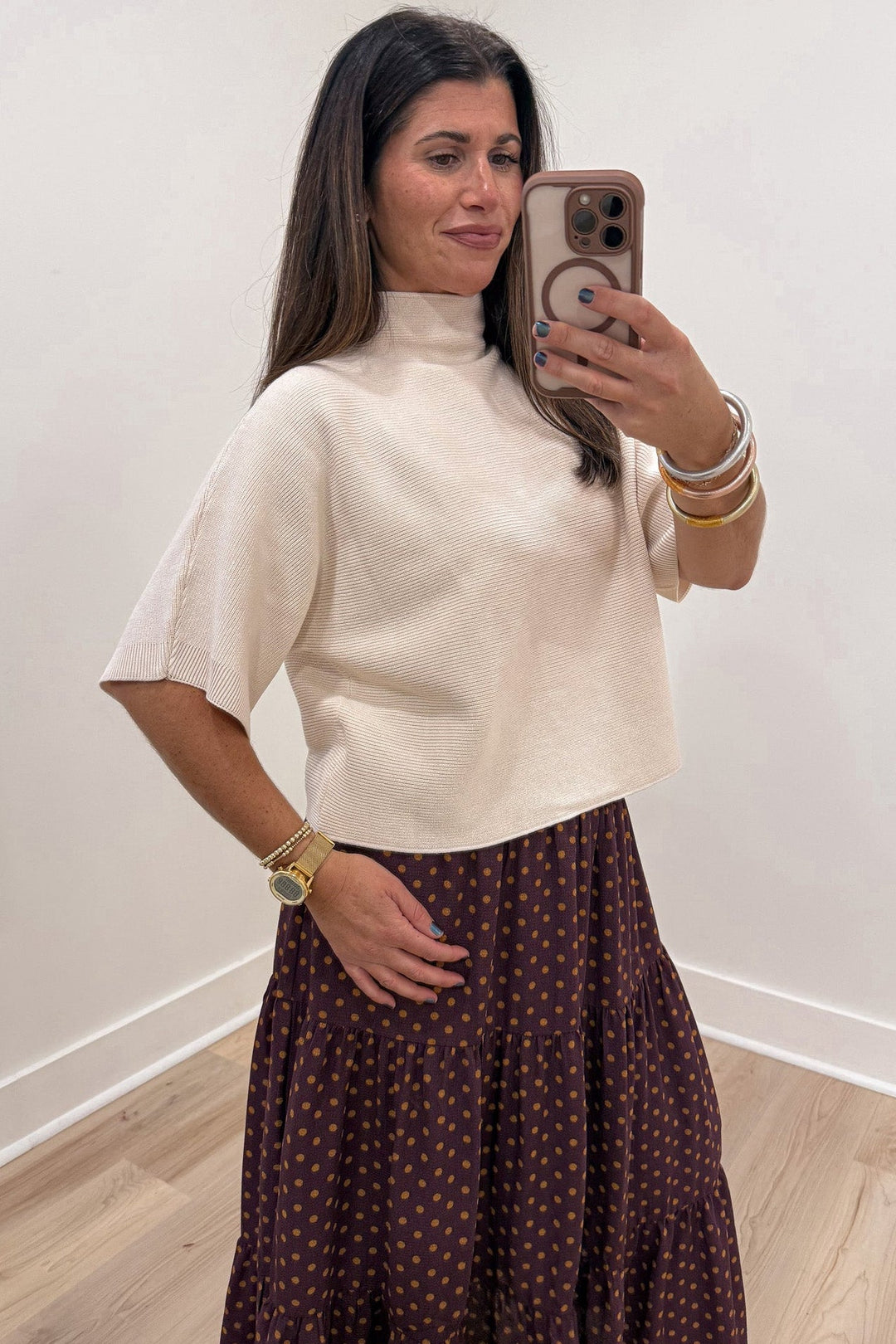 solid ecru mock neckline short dolman sleeve semi-cropped ribbed textured knit top
