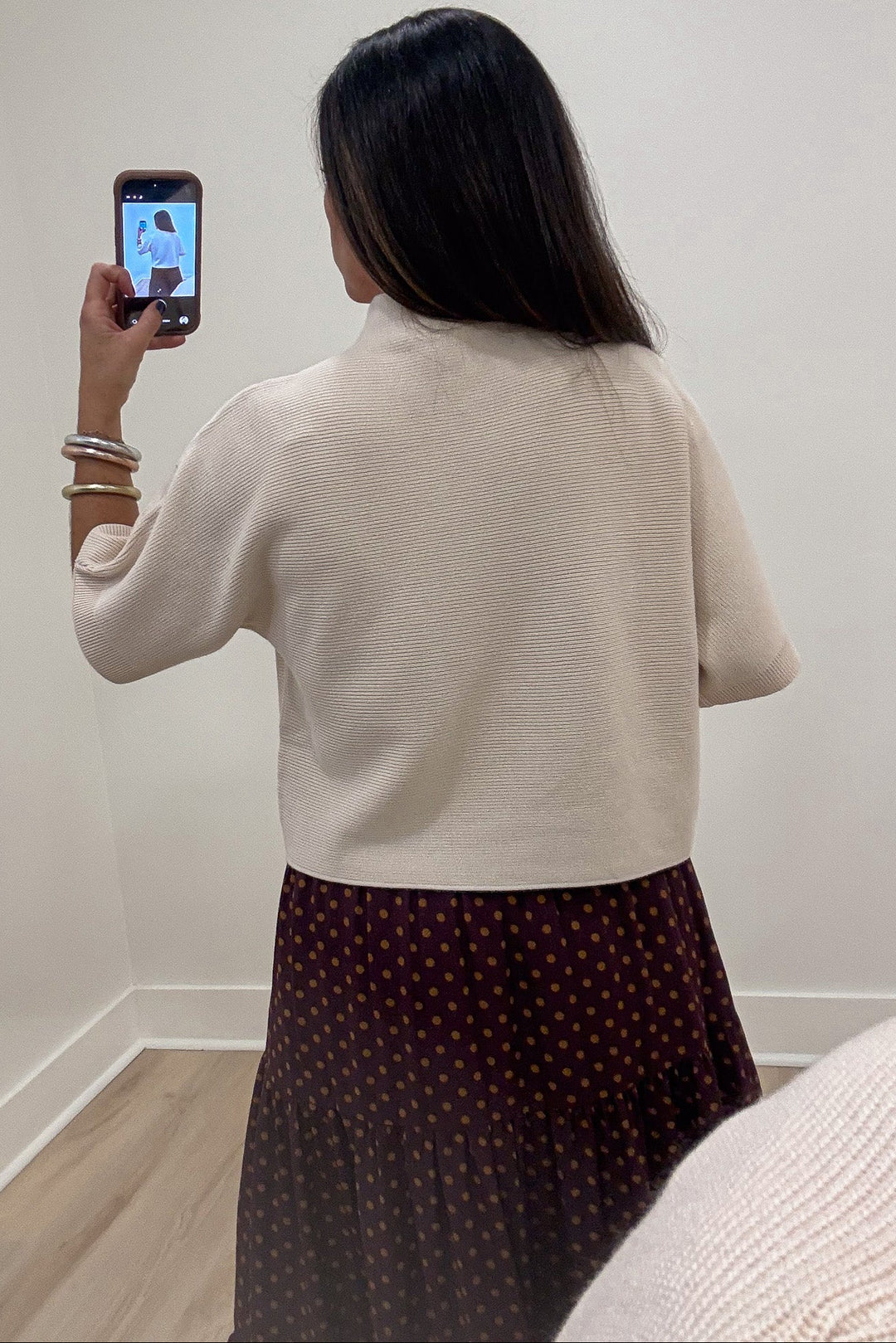 ecru mock neckline short dolman sleeve semi-cropped ribbed knit top