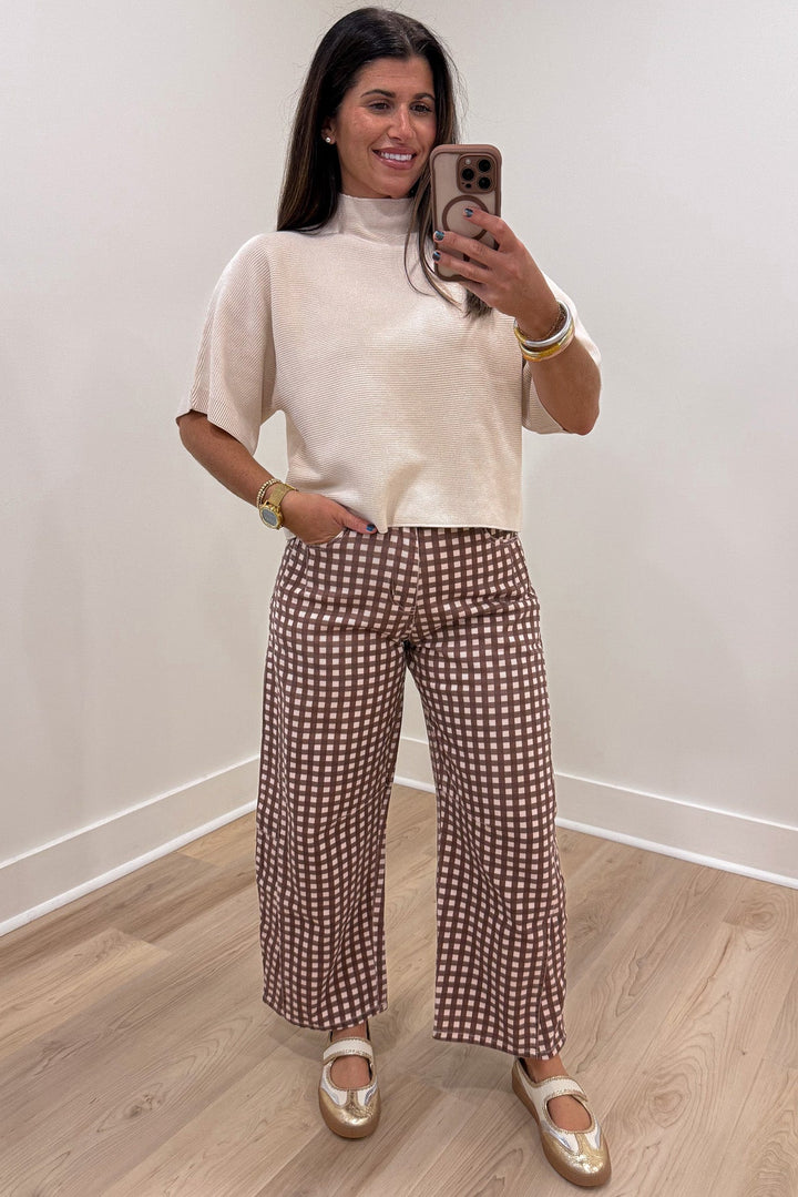 solid ecru mock neckline short dolman sleeve semi-cropped knit top