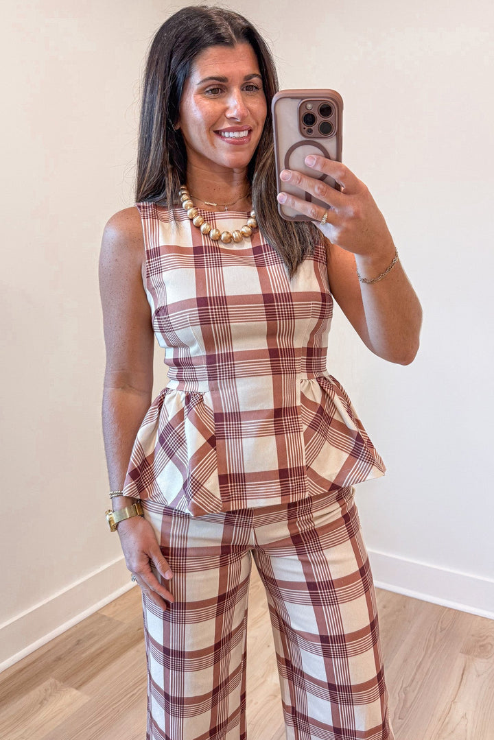 ecru peach and terracotta plaid print sleeveless peplum hem twill denim top