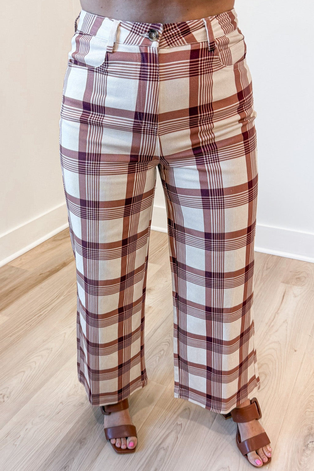 ecru peach and terracotta plaid print wide leg high waisted twill denim pants with front pockets