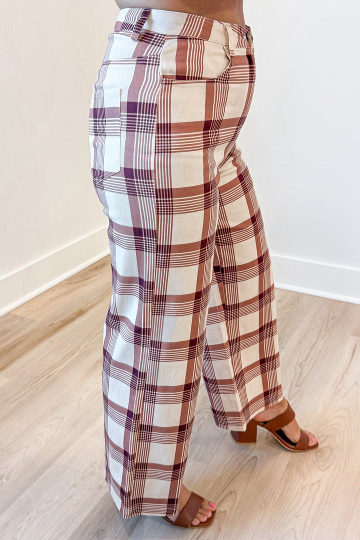 ecru peach and terracotta plaid print wide leg high waisted twill denim pants with belt loops