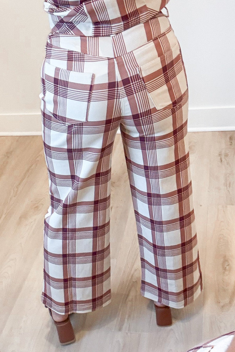 ecru peach and terracotta plaid print wide leg high waisted twill denim pants with back patch pockets