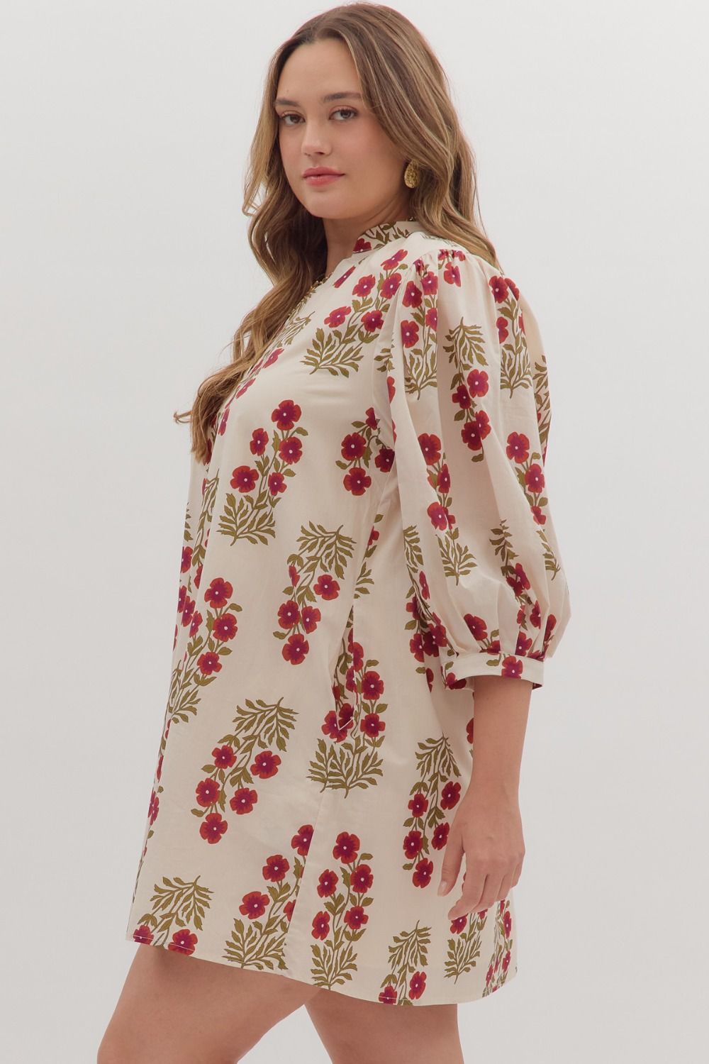 Women's ecru, dark red and olive floral print dress by Entro in plus showing full side view 