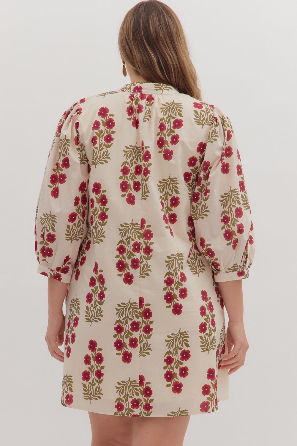 Women's ecru, dark red and olive floral print dress by Entro in plus showing back view