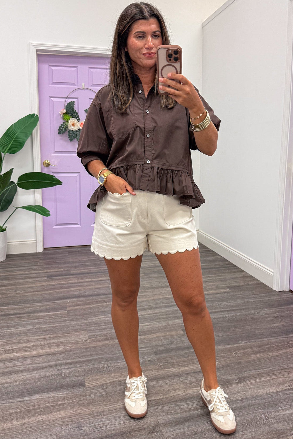 solid ecru wide leg twill shorts with scallop embroidered pockets and hem