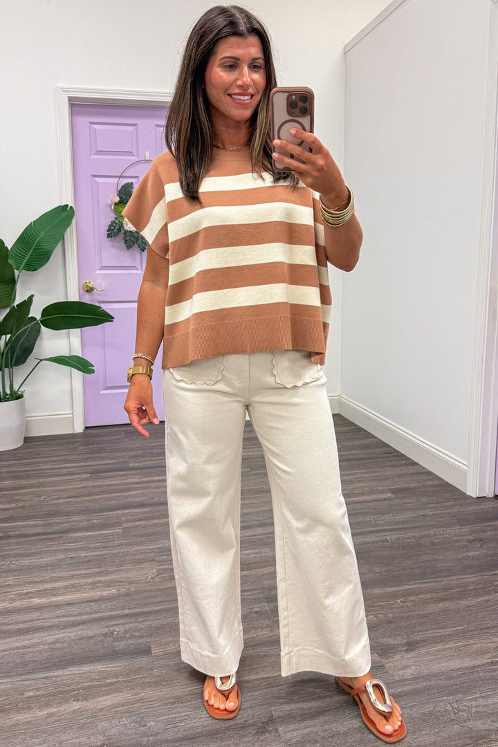 ecru wide leg twill denim pants with scallop trim front patch pockets