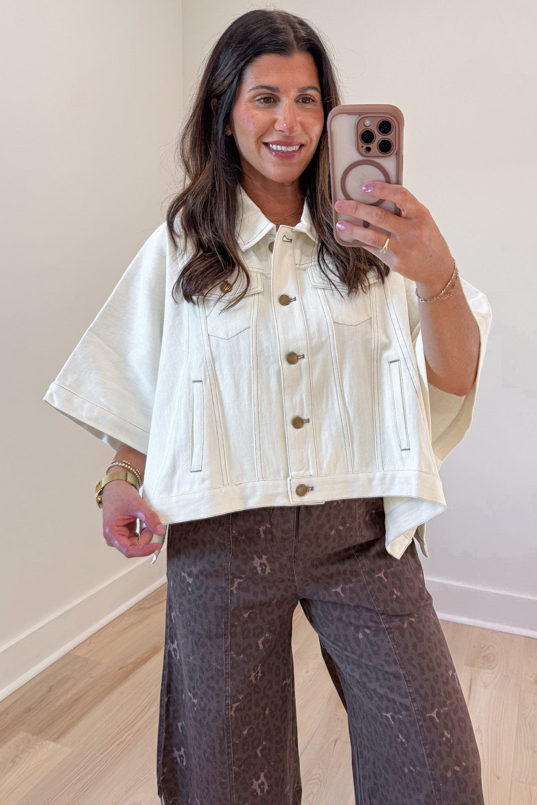 solid ecru short sleeve poncho style snap button front relaxed fit denim jacket