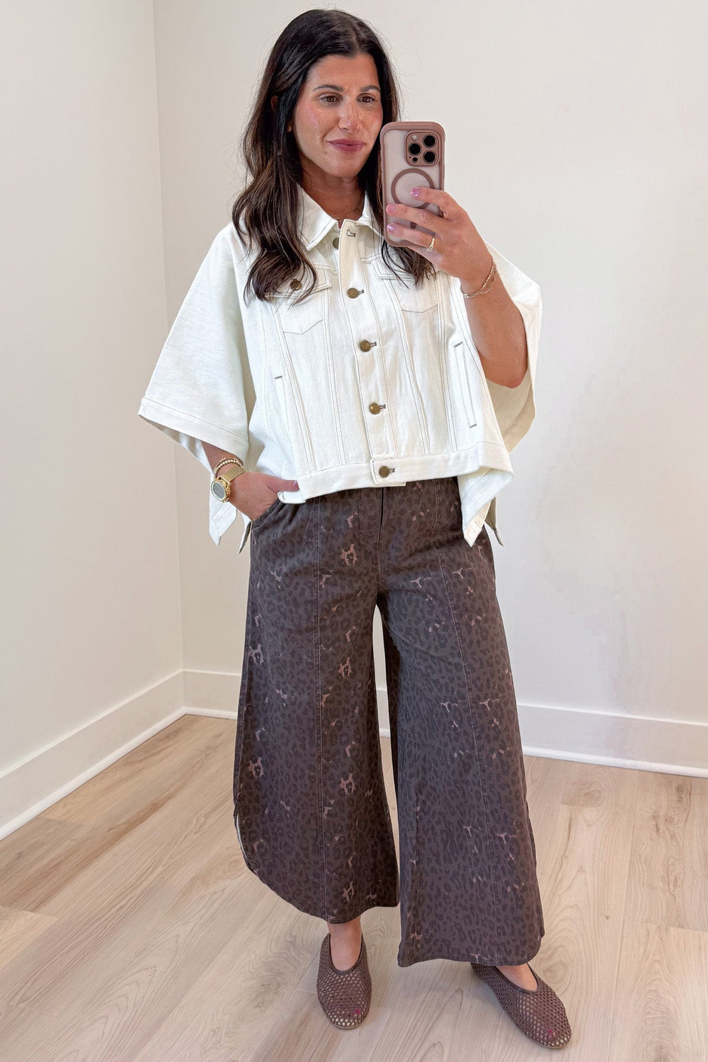 solid ecru short sleeve poncho style collared neckline snap button front relaxed denim jacket