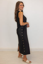 black ribbed knit solid midi dress