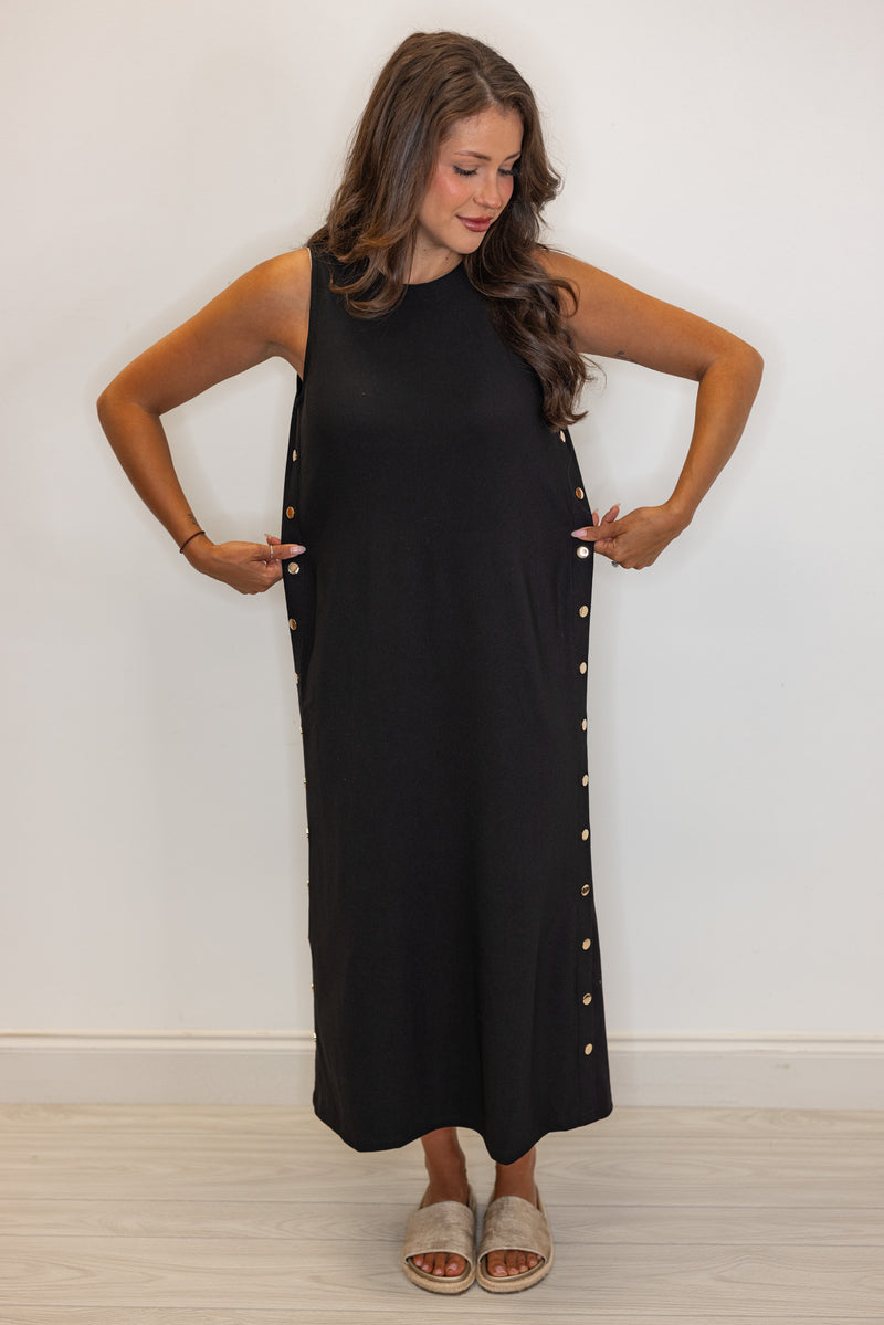 black ribbed knit solid midi dress