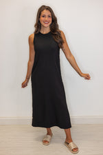 black ribbed knit solid midi dress
