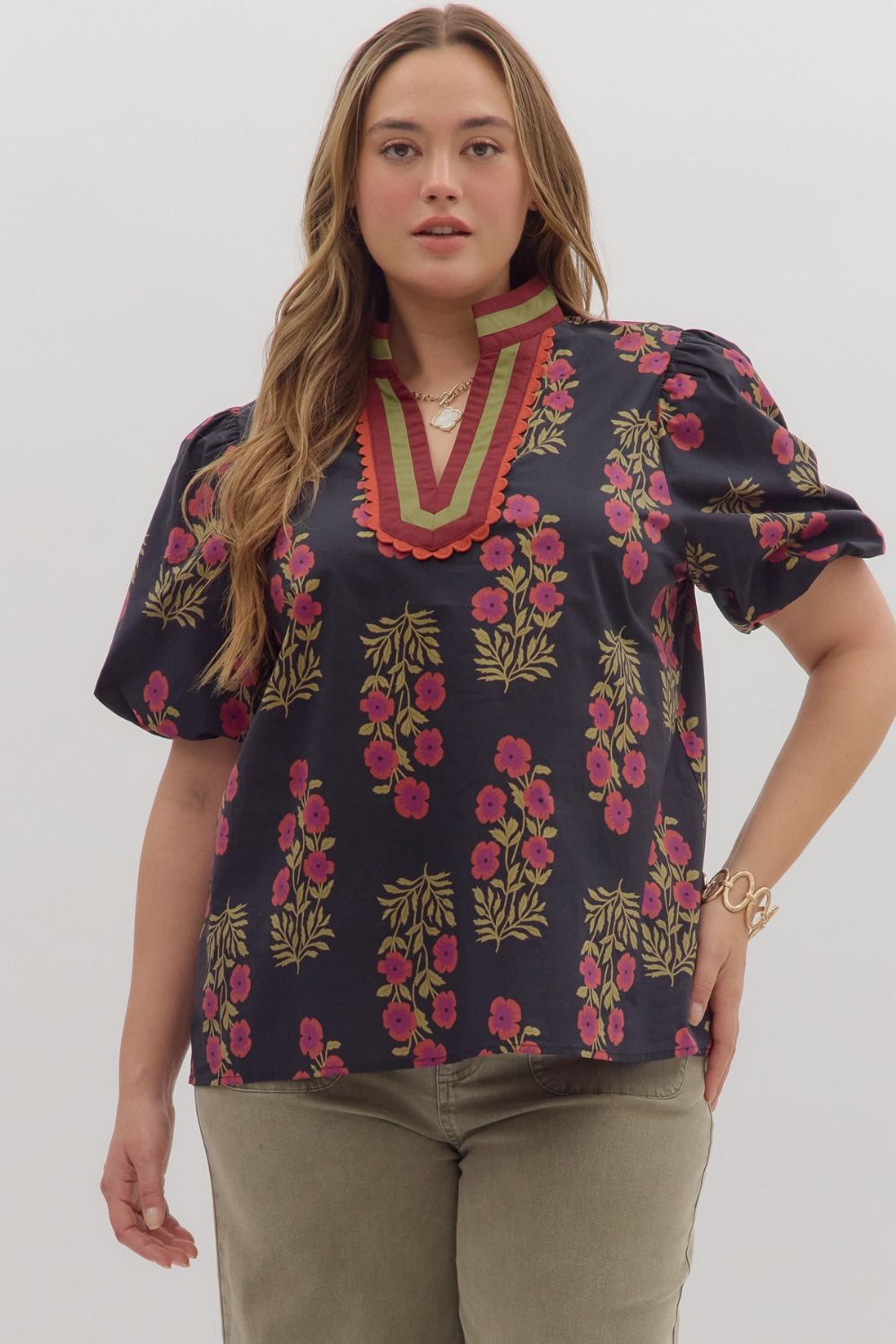 Women's black and burgundy floral poplin top by Entro plus size front