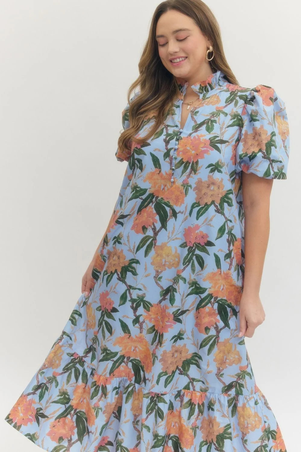 entro baby blue floral print midi dress
