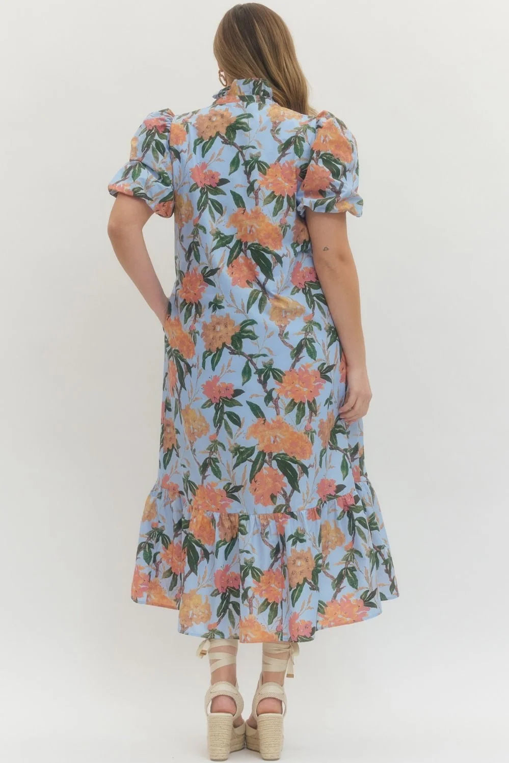 entro blue floral print midi dress pockets