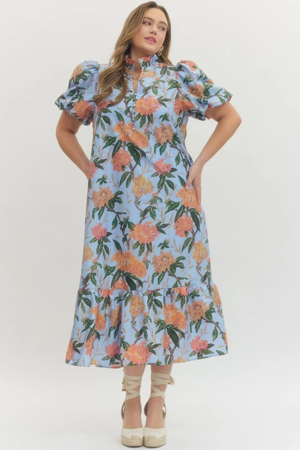 entro blue floral print midi dress