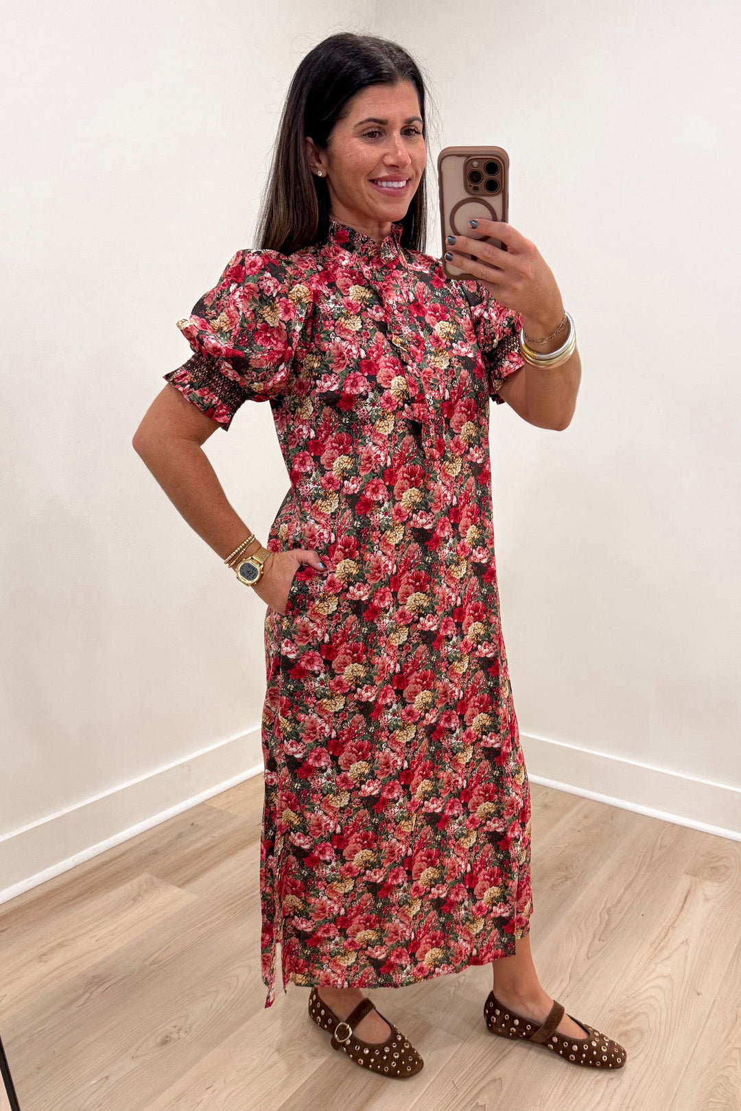 entro brick olive fall print midi dress with pockets