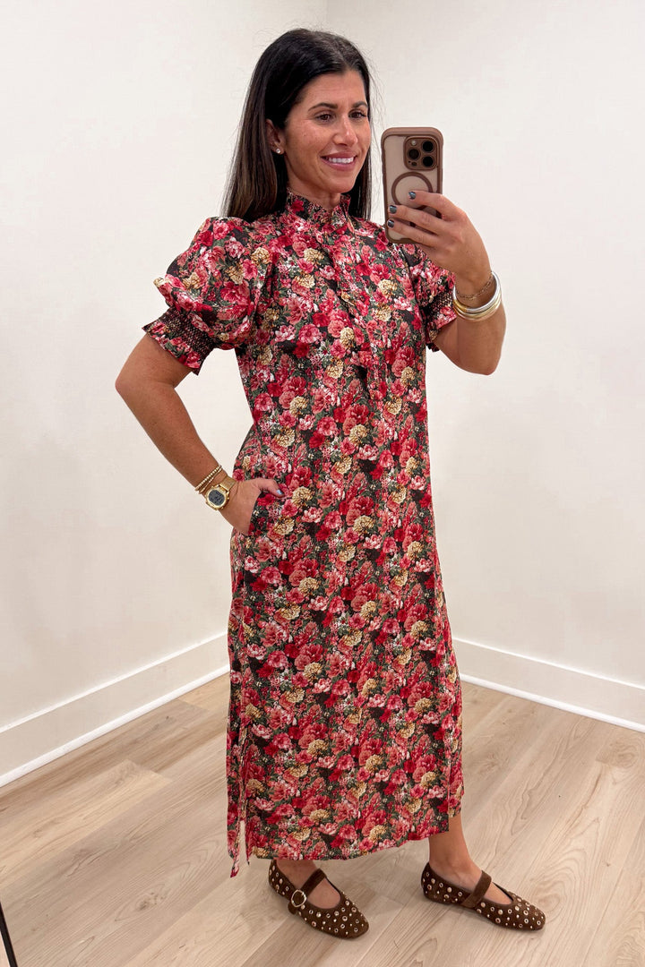 entro brick olive fall print midi dress with pockets