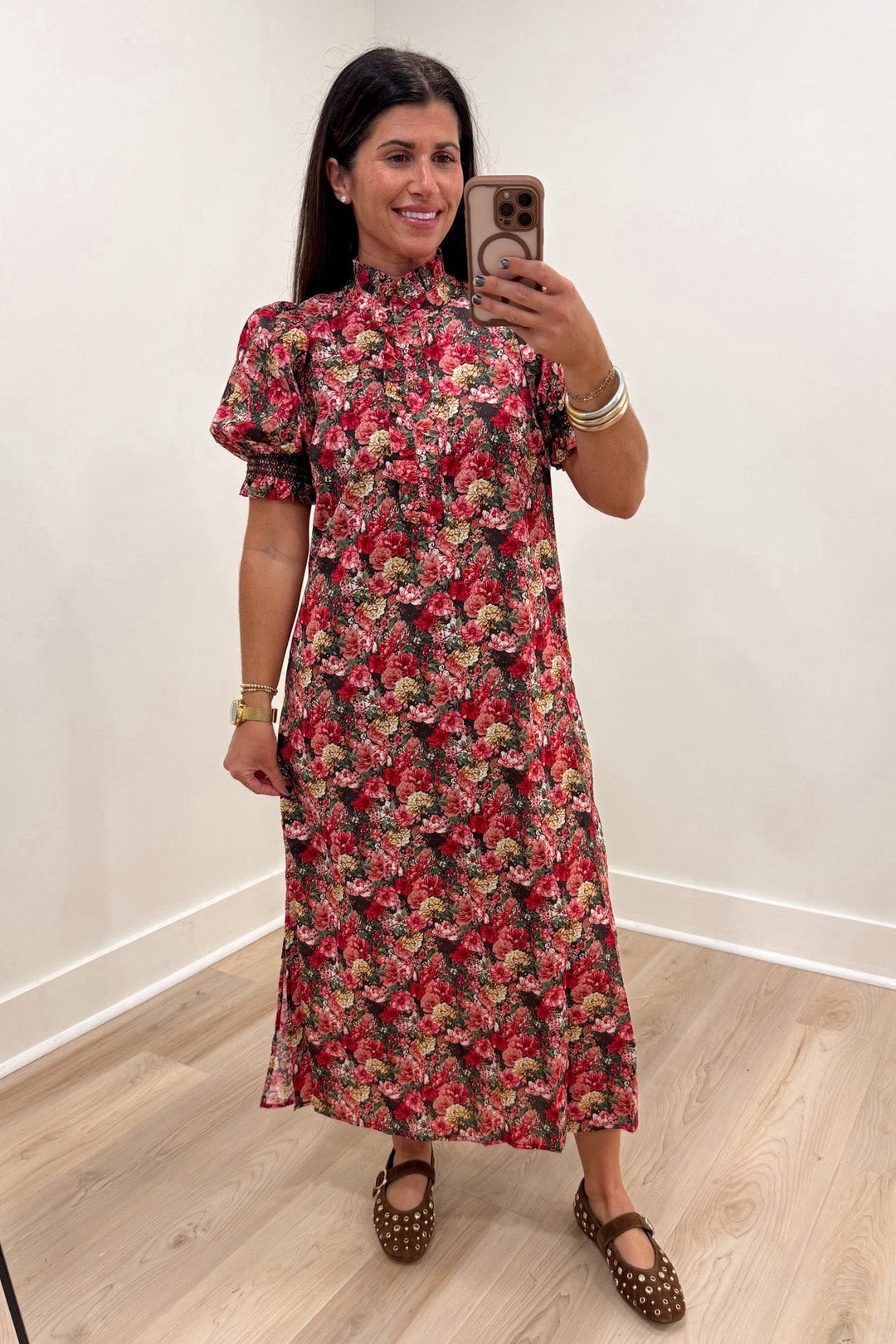 entro brick olive fall print midi dress