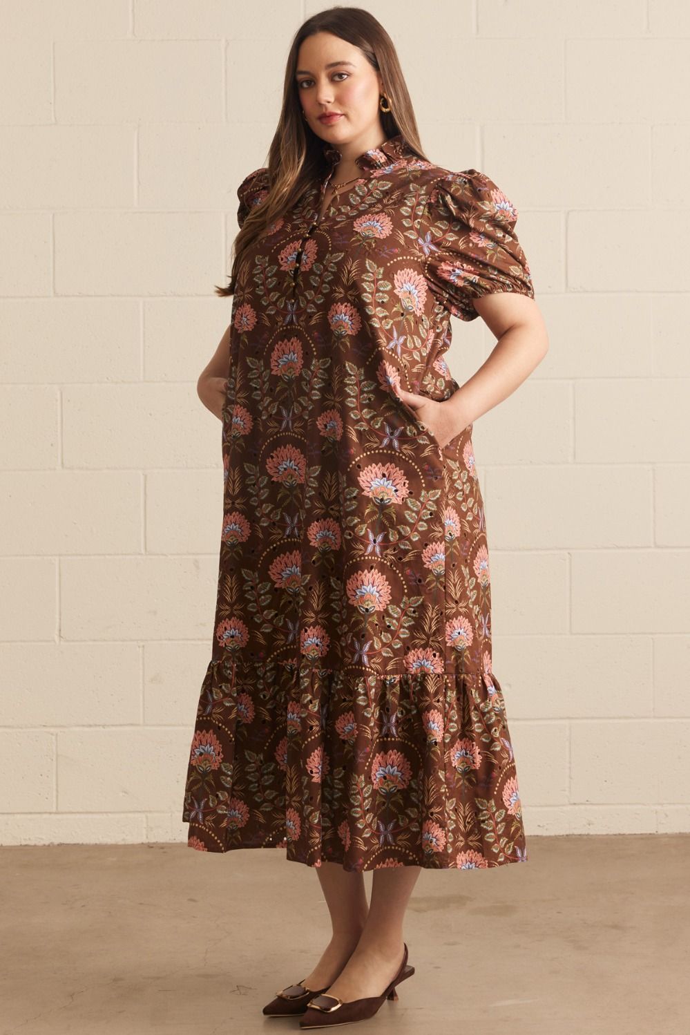 Entro brown and peach floral print plus size dress with eyelet details and side pockets