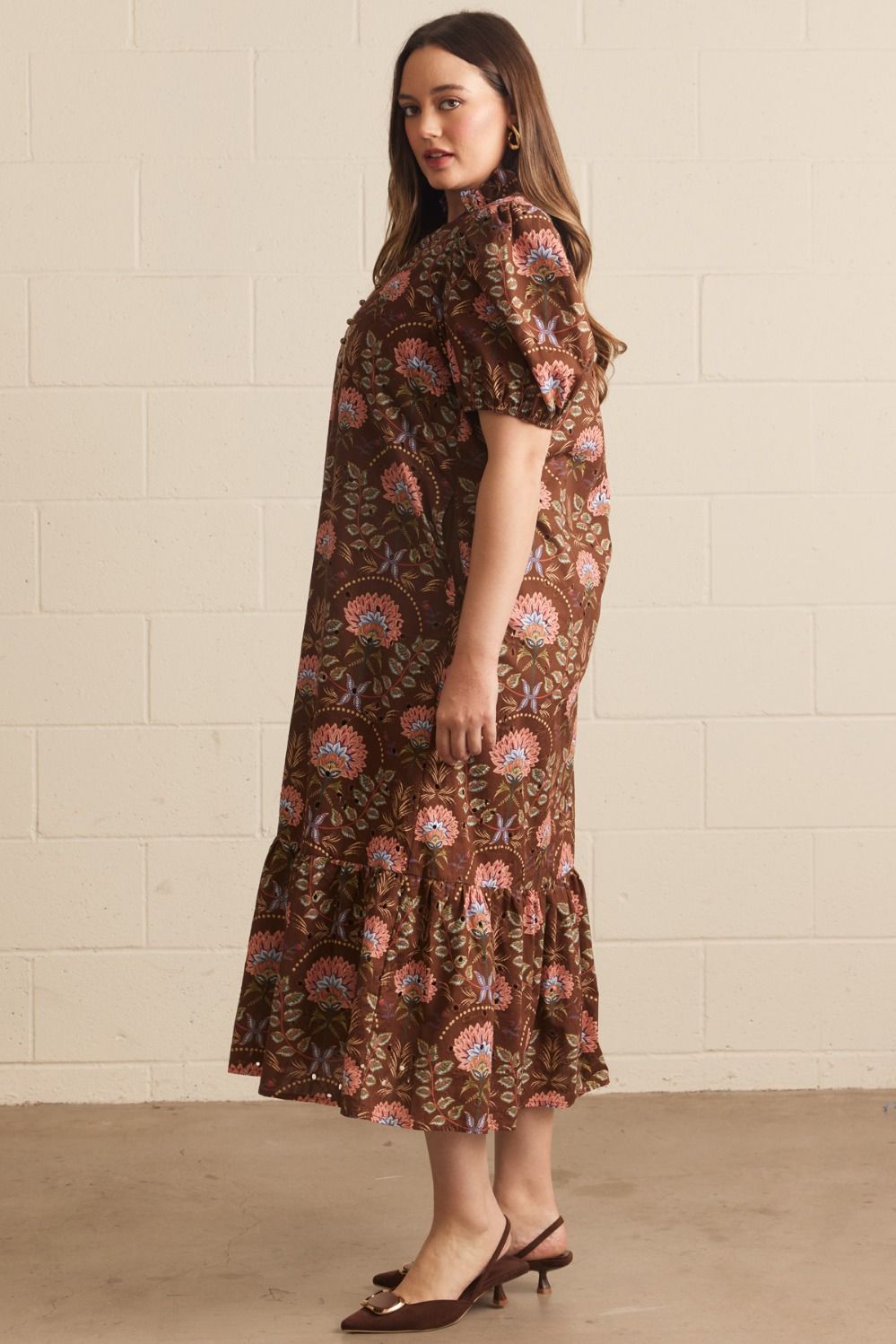 Entro brown and peach floral print plus size dress with eyelet details and a ruffled bottom hem