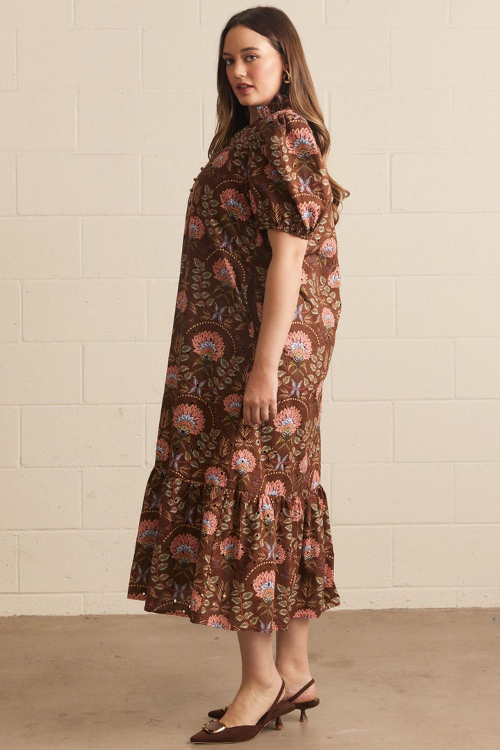 Entro brown and peach floral print plus size dress with eyelet details and a ruffled bottom hem