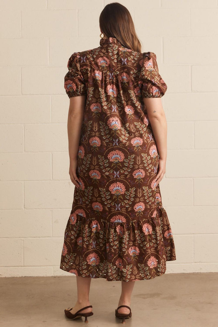Entro brown and peach floral print plus size dress with eyelet details in a flattering fit
