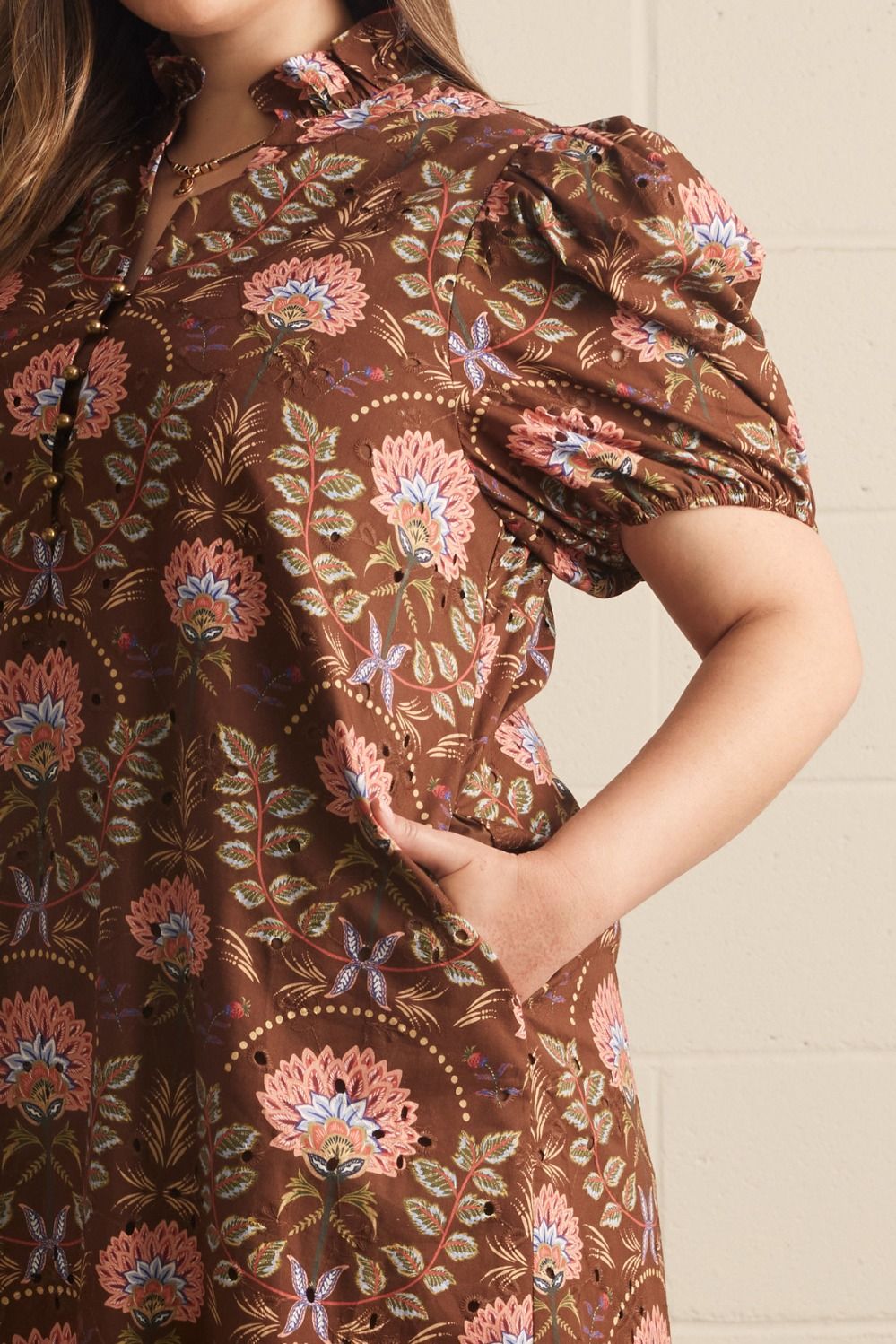 Entro brown and peach floral print plus size dress with eyelet details and puff sleeves
