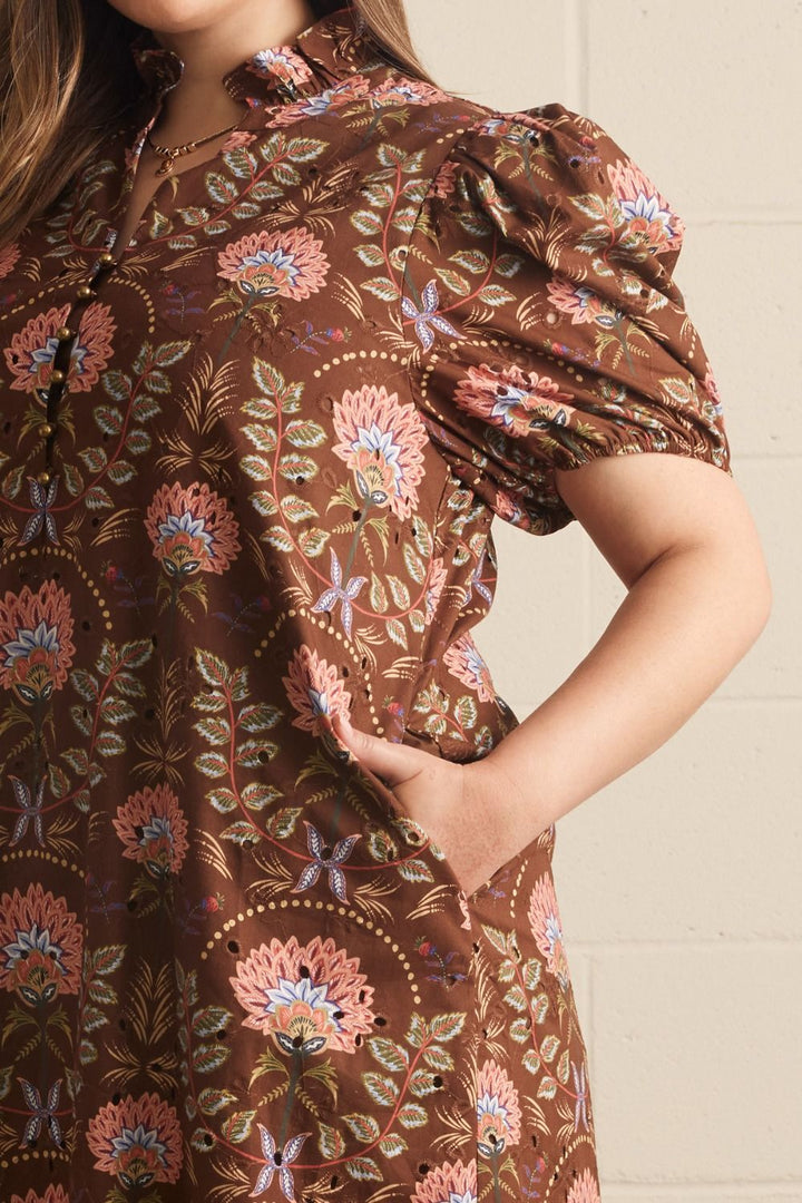 Entro brown and peach floral print plus size dress with eyelet details and puff sleeves
