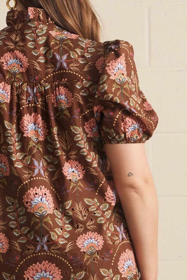 Entro brown and peach floral print plus size dress with eyelet details and tiered detail across shoulders in back 