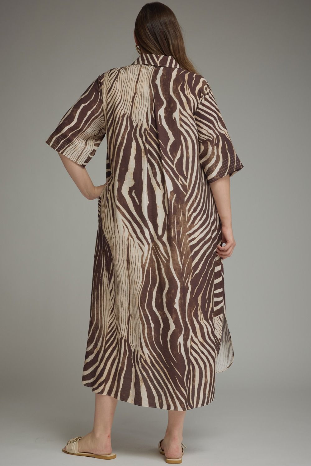 Entro Plus Size Brown and Ecru Abstract Zebra Print Midi Dress with a Flattering Silhouette