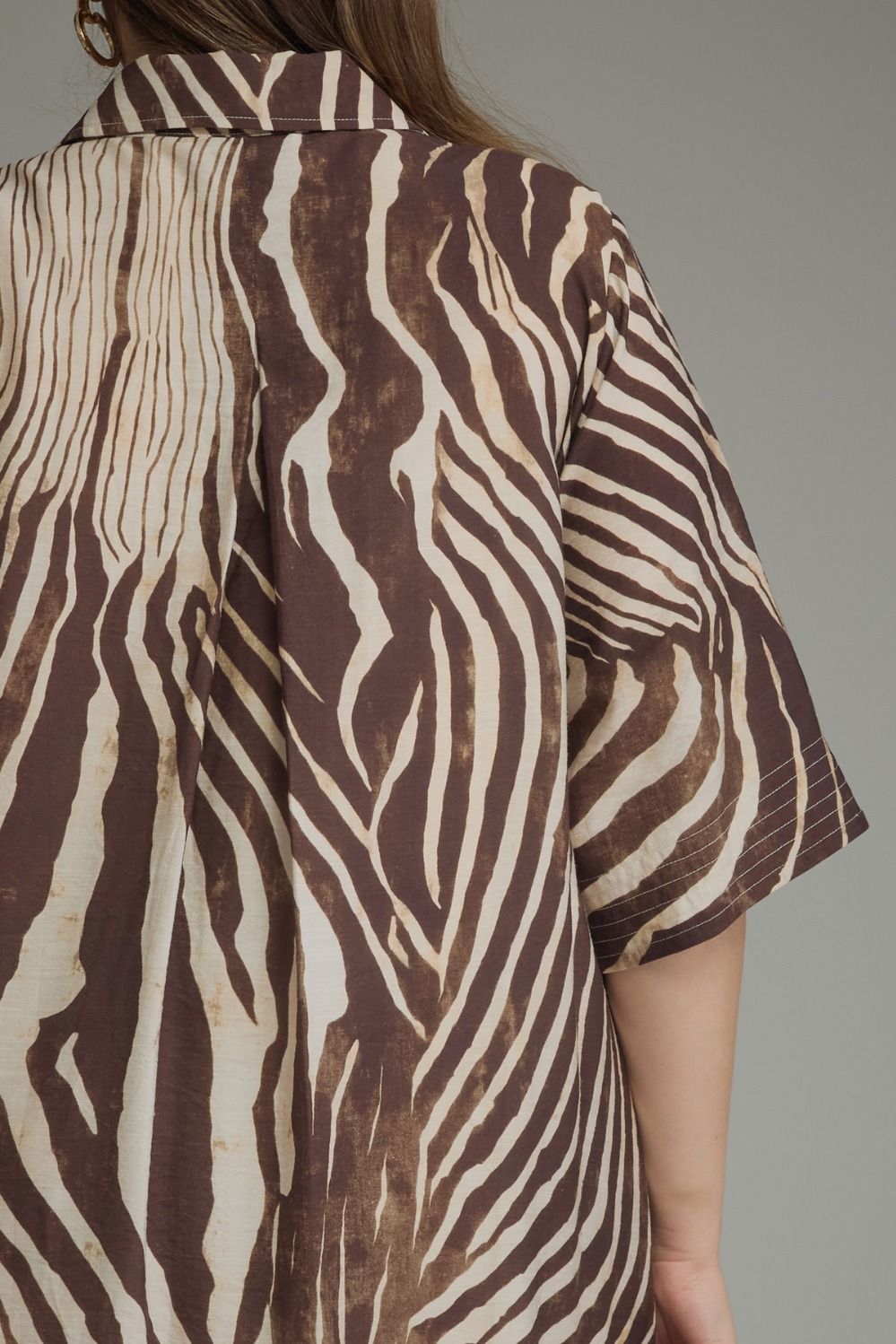 Entro Plus Size Brown and Ecru Abstract Zebra Print Midi Dress with Gathered Detail in Back at Shoulders