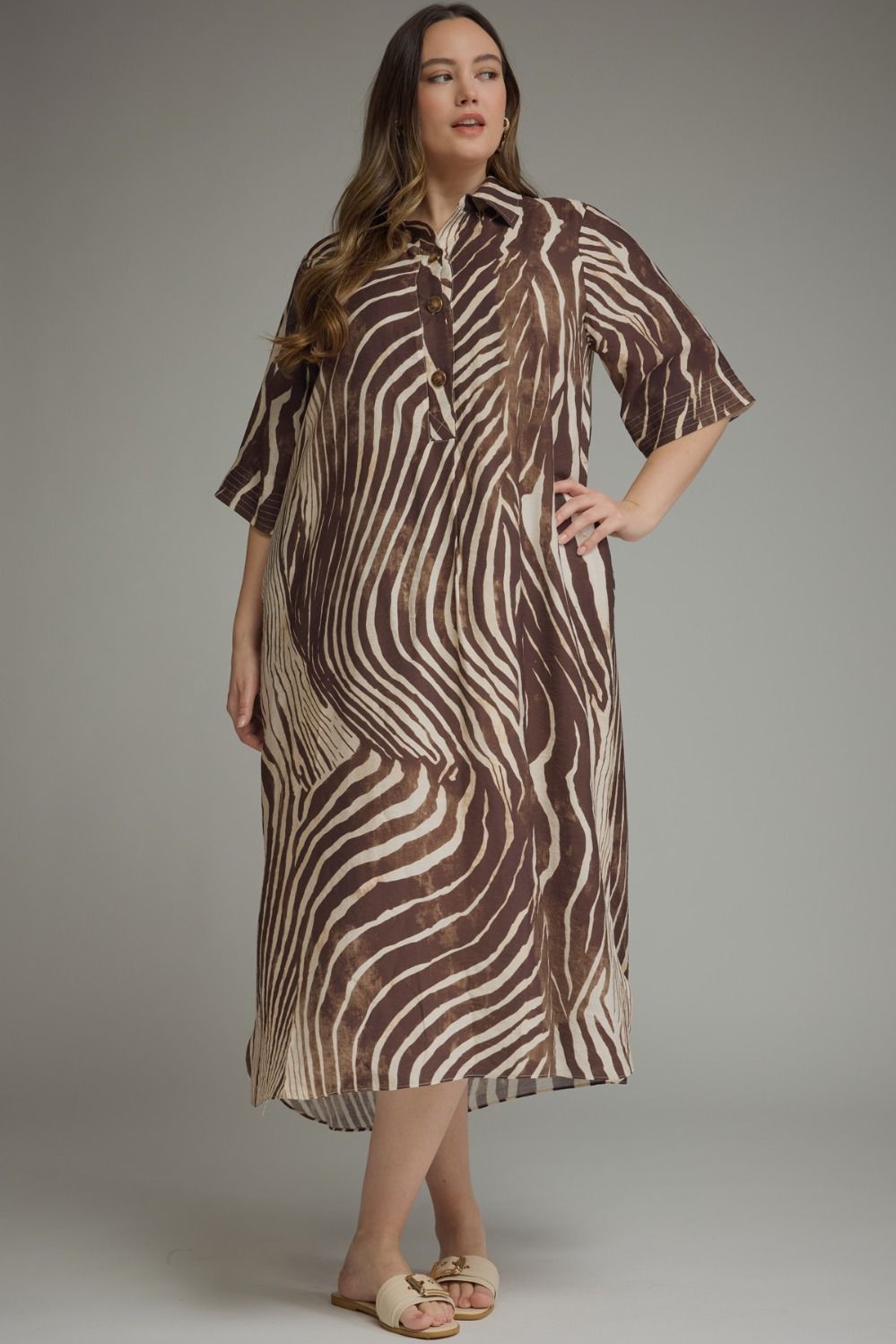 Entro Plus Size Brown and Ecru Abstract Zebra Print Midi Dress