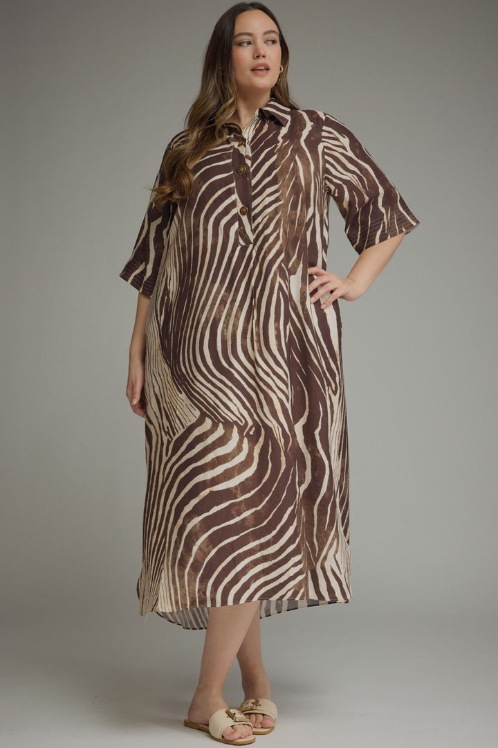 Entro Plus Size Brown and Ecru Abstract Zebra Print Midi Dress
